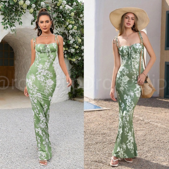 Floral Print White on Green Long Dress Sheath, Drawstring Ties Maxi Stretchy - Picture 6 of 16